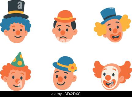 Clown faces set with various emotional expressions and colorful hair. Flat vector illustration of humorous performers, red noses, and funny hats Stock Vector