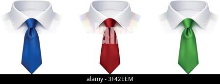 Set of colorful neckties with shirt collars isolated on white background. Fathers Day fashion accessory collection Stock Vector