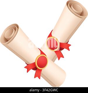 Crossed diploma certificates with red ribbons and golden seals academic achievement illustration Stock Vector