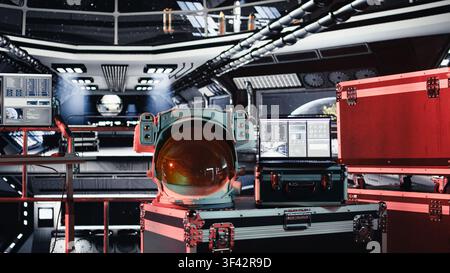 Alert light flashing over laptop in spacecraft displaying mission analytics panel prepared for scientific research. Malfunction warning in starship with helmet next to notebook during orbit voyage Stock Photo