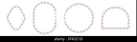 Dark red bow lace border frame set featuring circle oval diamond arch shapes, delicate ribbon garland trim isolated on white background vector illustration for wedding invitations romantic stationery Stock Vector