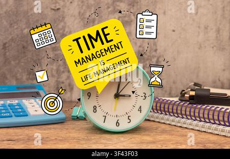 Time Management Is Life Management Productivity Planning Concept with Hand Drawn Icons and Transparent PNG Overlay Stock Photo