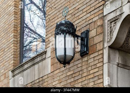 Streetlight on the brick wall of a synagogue in Chicago. Stock Photo