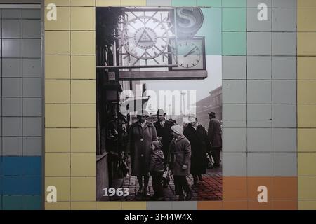 Historic black and white photos of Schönhauser Allee displayed on colorful mosaic tile wall, Berlin, Germany, 2018. Stock Photo