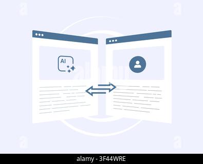AI content comparison with human content evaluation, originality verification, authorship analysis and content authenticity assessment for trusted content verification flat design vector illustration. Stock Vector