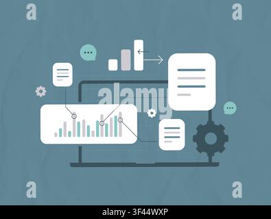 Analytics dashboard with business metrics, interactive charts, reporting widgets, document insights, workflow automation and performance monitoring. Flat design vector illustration. Stock Vector