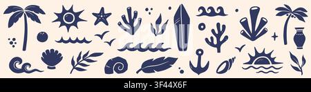 Summer icon beach abstract set. Hand drawn summer icon beach sea wave sun palm surf mediterranean. Boho shell coral ocean travel island tropical vintage background. Vector illustration Stock Vector
