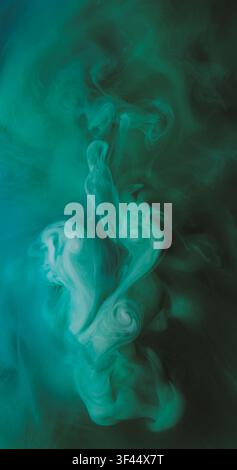 Magic steam. Pigment splash. Whirl cloud color spray flow art liquid. Turquoise green fume paint abstract twirl mix blur background. Stock Photo