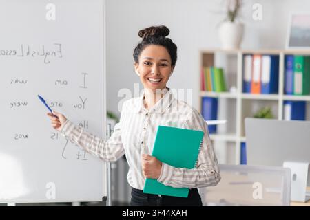 Smiling Young Hispanic Woman Teaching In Office While Writing On Whiteboard, Business Concept Stock Photo