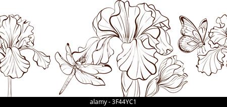 Seamless decorative iris vector pattern, black white botanical engraving for textile, gift boxes, luxury packaging, wrapping paper, stationery and Stock Vector