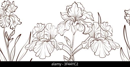 Seamless iris botanical vector pattern, black white vintage ink drawing for wedding stationery, greeting cards, luxury packaging, wallpaper, textile Stock Vector