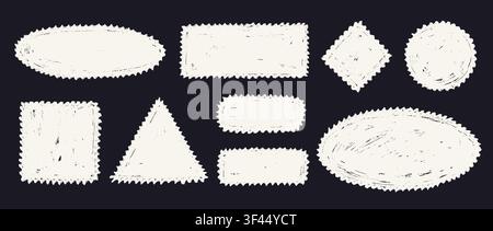 Hand drawn crayon postage stamp collection. Doodled wavy edge borders and box frames set. White playful sketched geometric shape pack for sticker, logo, collage, post card, patch, label, icon. Vector Stock Vector