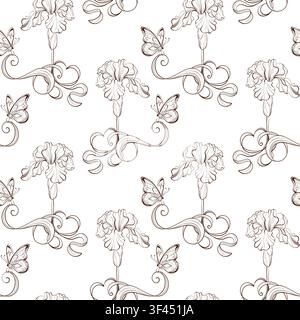 Seamless iris botanical vector pattern with butterfly, black white engraved illustration for wedding stationery, wallpaper, packaging, textile Stock Vector