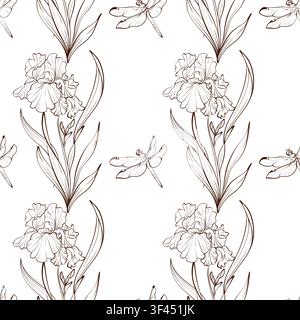 Seamless iris botanical vector pattern with dragonfly, black white vintage engraving for stationery, wallpaper, luxury packaging, textile, gift wrap Stock Vector