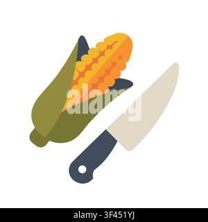 Flat vector illustration of a fresh corn on the cob with green husks and a kitchen knife isolated on a white background Stock Vector