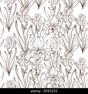 Seamless dense iris botanical vector pattern, black white vertical floral line drawing with flowers and leaves for wallpaper, textile, luxury packagin Stock Vector