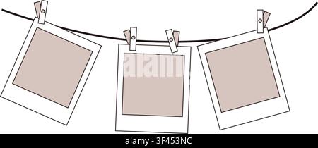Blank Photo Frames Hanging On Rope With Clothespins Vintage Photography Garland. Isolated On White Background. Vector Illustration. Nostalgia 80s 90s Stock Vector
