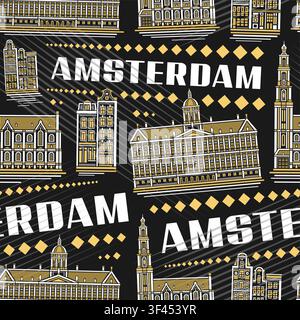 Vector Amsterdam Seamless Pattern, square background with detailed illustration of dusk amsterdam city scape on dark backdrop for bed linen, decorativ Stock Vector