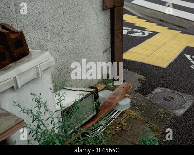 Street corner with weeds, discarded objects and a weathered wall beside a pedestrian crossing in Ikejiri, Setagaya, Tokyo, Japan Stock Photo