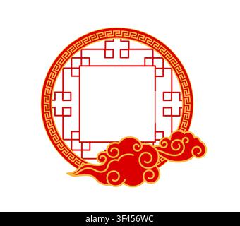 Round oriental japanese and chinese festive frame decoration. Oriental eastern ornate banner, Chinese motif decorative vector border. Japanese aesthetic frame with red clouds, geometric line ornaments Stock Vector