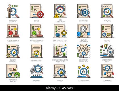 Product quality inspection and certification icons showing inspector, report, testing, approval and rejection, standardization, laboratory analysis, defect, satisfaction and guarantee linear signs Stock Vector