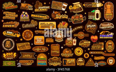 Coffee vintage stickers, steaming cup vector patch labels inspired by coffee culture. Cartoon latte and espresso drink mugs, coffee bean emoji, french press and grinder stickers with cute slogans Stock Vector