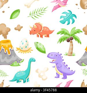 A seamless pattern featuring dinosaurs, volcanoes, eggs and tropical plants Stock Vector