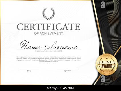 Luxury award certificate of achievement or diploma template with frame ornament and golden seal. Certificate document in black and gold for professional diploma with laurel and award star badge Stock Vector