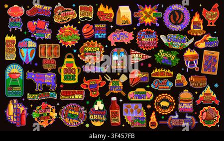 Retro y2k meat and barbeque stickers, bbq patch labels with grilling food icons. Vector fire flames, meat cuts, bbq slogans and sausages, grills, apron, grilled vegetables and sauce retro y2k stickers Stock Vector