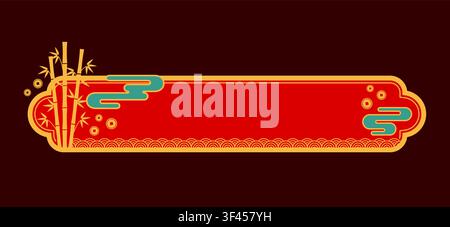 Oriental Korean and Asia frame or divider. Oriental aesthetic red divider, Chinese eastern ornate vector frame. Japanese culture decorative banner with bamboo, clouds and traditional ornaments Stock Vector