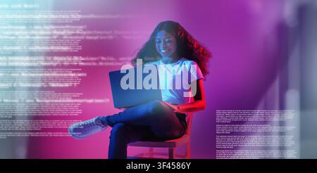 Smiling Black Female Developer Working On Laptop At Home, Coding Concept Stock Photo
