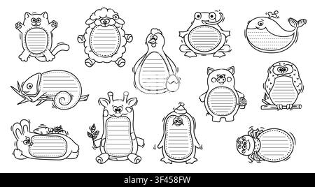 Funny cute kids memo note animal frames. Vector line paper stickers, notebook, planner or diary page frames in shape of cat, bunny, giraffe and chicken animals. Owl, whale, pig and frog kid memo notes Stock Vector