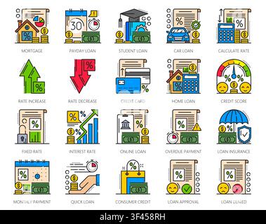 Money loan and credit vector icons. Line fixed and interest rate symbol, online loan, overdue and monthly payment, mortgage, payday and car loan, student and credit score, insurance icons Stock Vector
