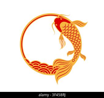 Round oriental Japanese and Chinese festive frame with Asian ornament. Golden koi fish with scales and fins forming circular frame with wave pattern in red and gold. Vector frame for Lunar New Year Stock Vector
