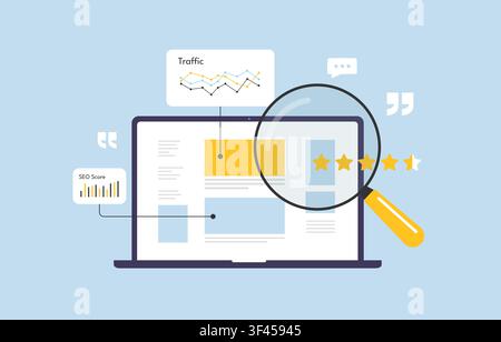 Content audit with SEO analysis, page quality assessment and website performance insights for search optimization. Content inventory, traffic analysis and search visibility vector illustration. Stock Vector