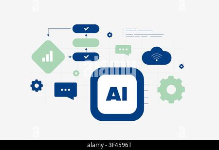 AI workflow automation with process orchestration, task execution and business integration for enterprise operations. AI workflow management and automation platform, flat design vector illustration. Stock Vector