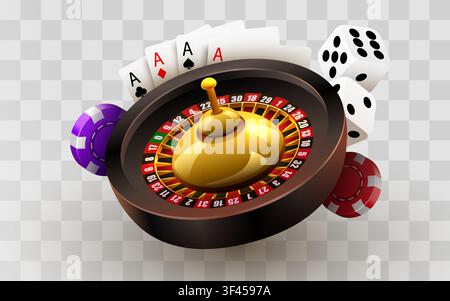 Casino roulette wheel with playing cards, chips and dice for gambling game concept. Vector illustration. Stock Vector
