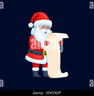 Christmas Santa Claus cartoon character holding long paper scroll list. Vector cute winter holiday personage with red costume, beard and hat reading wishlist. Festive december celebration Noel mascot Stock Vector