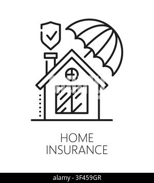 Home insurance and security line icon or emblem. Home alarm vector sign, building protection symbol. House security or insurance service outline pictogram or safety line icon with home and umbrella Stock Vector