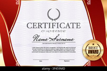 Certificate of achievement or award diploma template with luxury red frame, ornament and golden seal Certificate document with red and gold ribbon stripe frame and laurel of professional diploma award Stock Vector