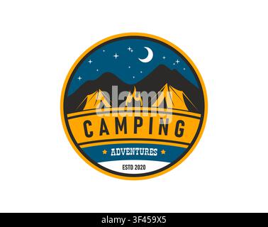 Mountain camping tent icon of camp adventure or scout campers patch. Camping emblem with campsite tent in forest with campfire and night sky with stars over mountains for hiking or mountaineering Stock Vector