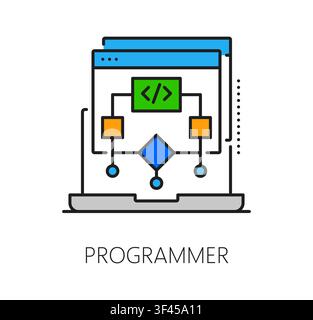 Software programmer program code line icon or symbol. Program code development outline symbol, application engineering pictogram. Software programing icon Stock Vector