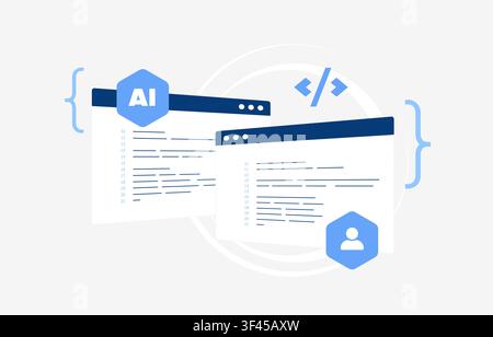 AI code review with intelligent code comparison, developer collaboration and software quality analysis. Programming assistance, code optimization and AI development vector illustration. Stock Vector
