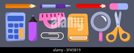 Set of colorful school and office supplies. Cute stationery icons for education and work. Vector illustration Stock Vector