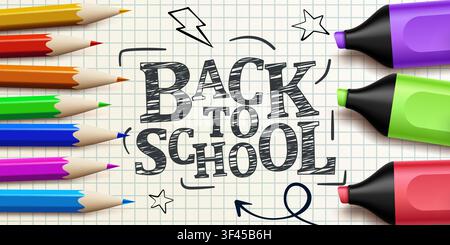 Back to school concept with colorful pencils and markers on grid paper background. Vector illustration Stock Vector