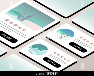 Travel booking platform with vacation packages, destination listings and customer ratings. Online travel marketplace, holiday planning and tourism booking vector illustration. Stock Vector