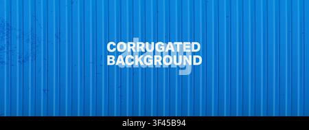 Blue corrugated metal container texture. Vertical ribbed steel panel bg with grunge scratch marks Stock Vector