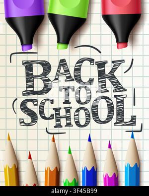 Back to school concept with stationery and text on graph paper background. Colorful design. Vector illustration. Stock Vector
