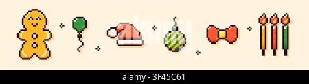 Pixel art Christmas elements. Gingerbread man, green balloon, Santa hat, bauble, red bow, candles. Stock Vector