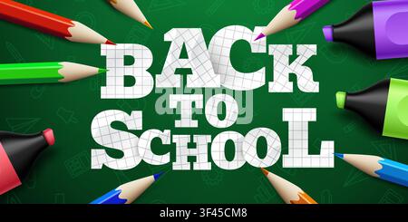Back to school concept with stationery on green chalkboard. Education supplies and grid typography. Vector illustration Stock Vector